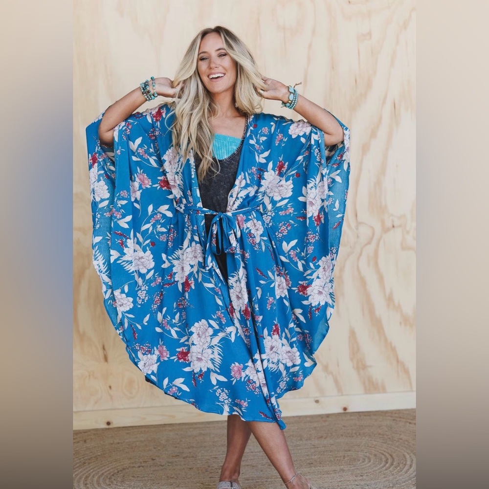 Boho Floral Blue Kimono